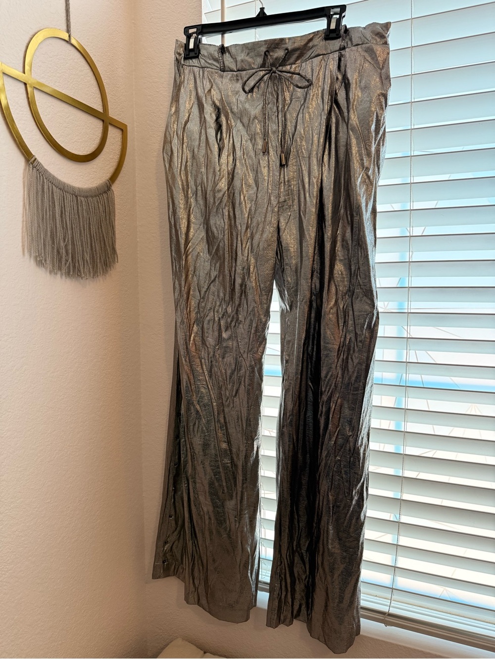 Elvi Silver Metallic Drawstring Wide-Leg Pants